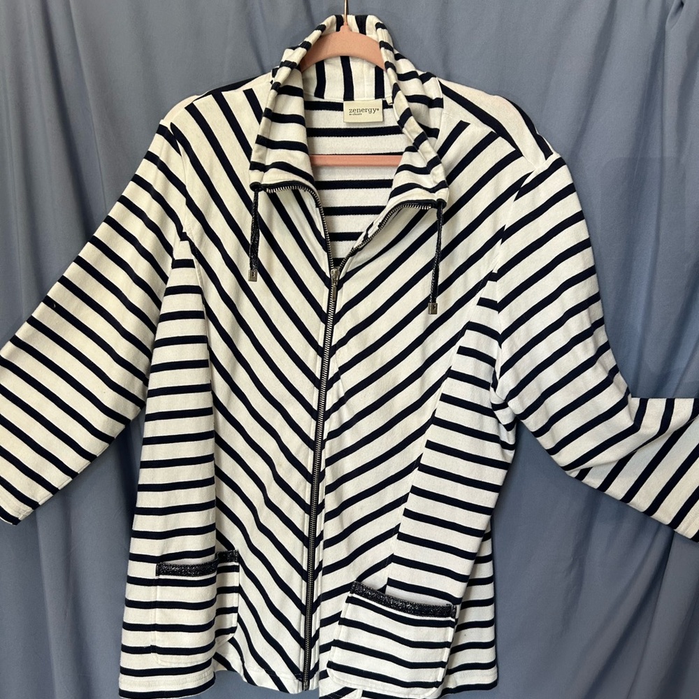 Chico’s brand. Zenergy..  Love the blue and white.